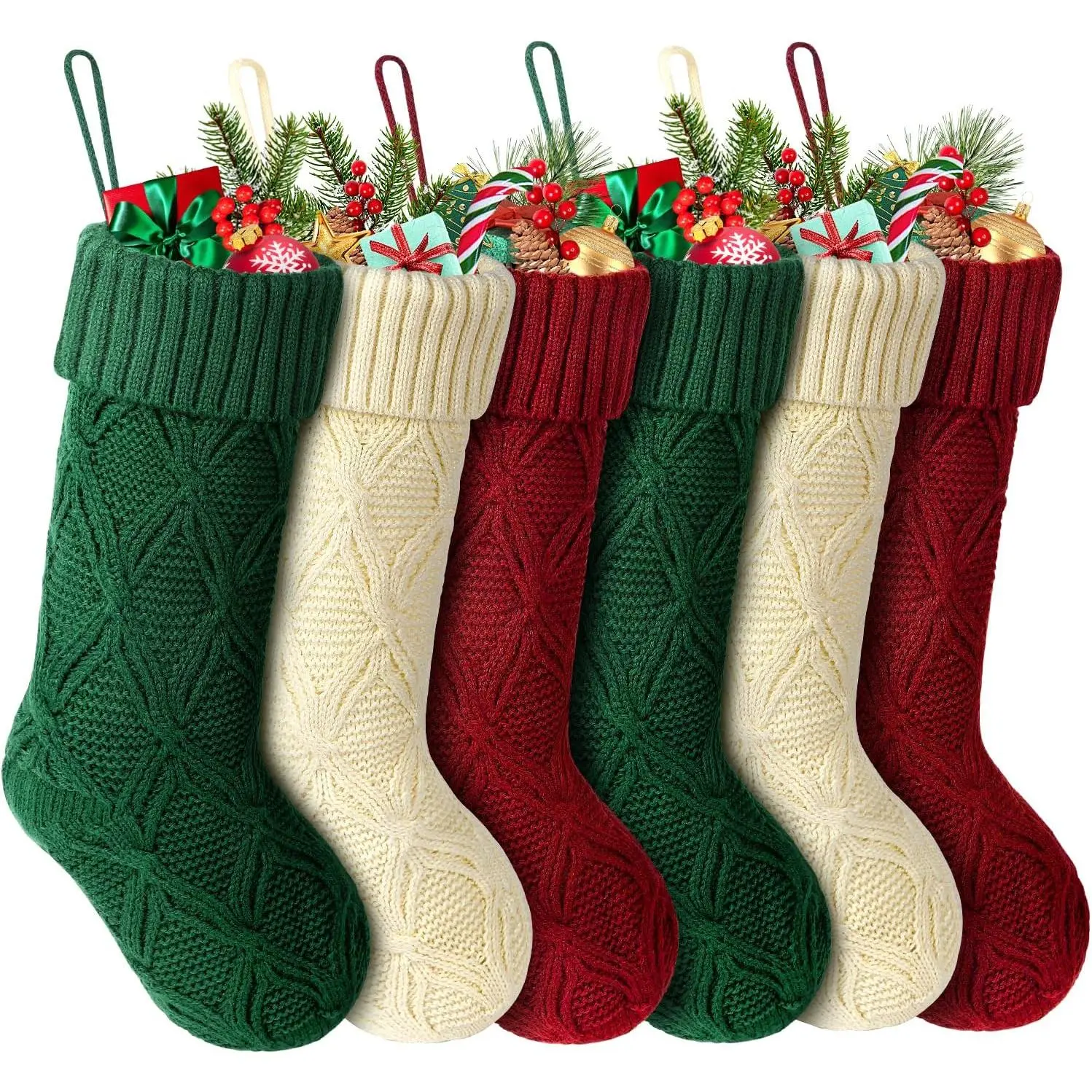 Christmas Stockings, Personalized Christmas Stockings 18 Inches Large Size  Knitted Stocking Gifts (Style 2 6 count White&red&Green)