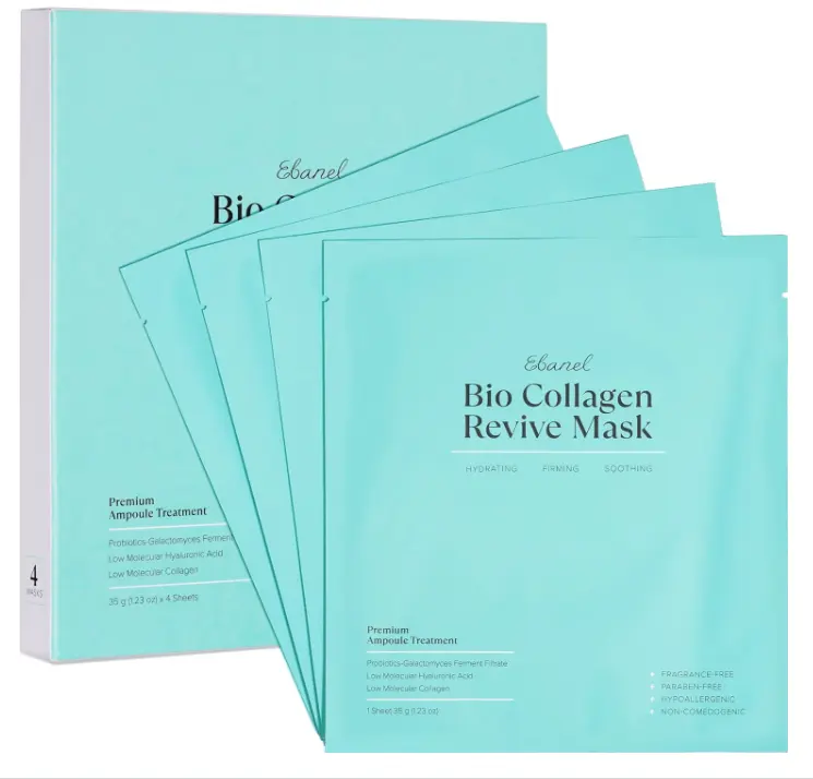 Ebanel Bio Collagen Face Mask, 4-Pack Hydrating Face Masks with 7 Peptides, Hyaluronic Acid, Niacinamide, Centella, Rose Water, Ceramide, and B5, Glass Skin Tightening and Lifting Korean Sheet Masks