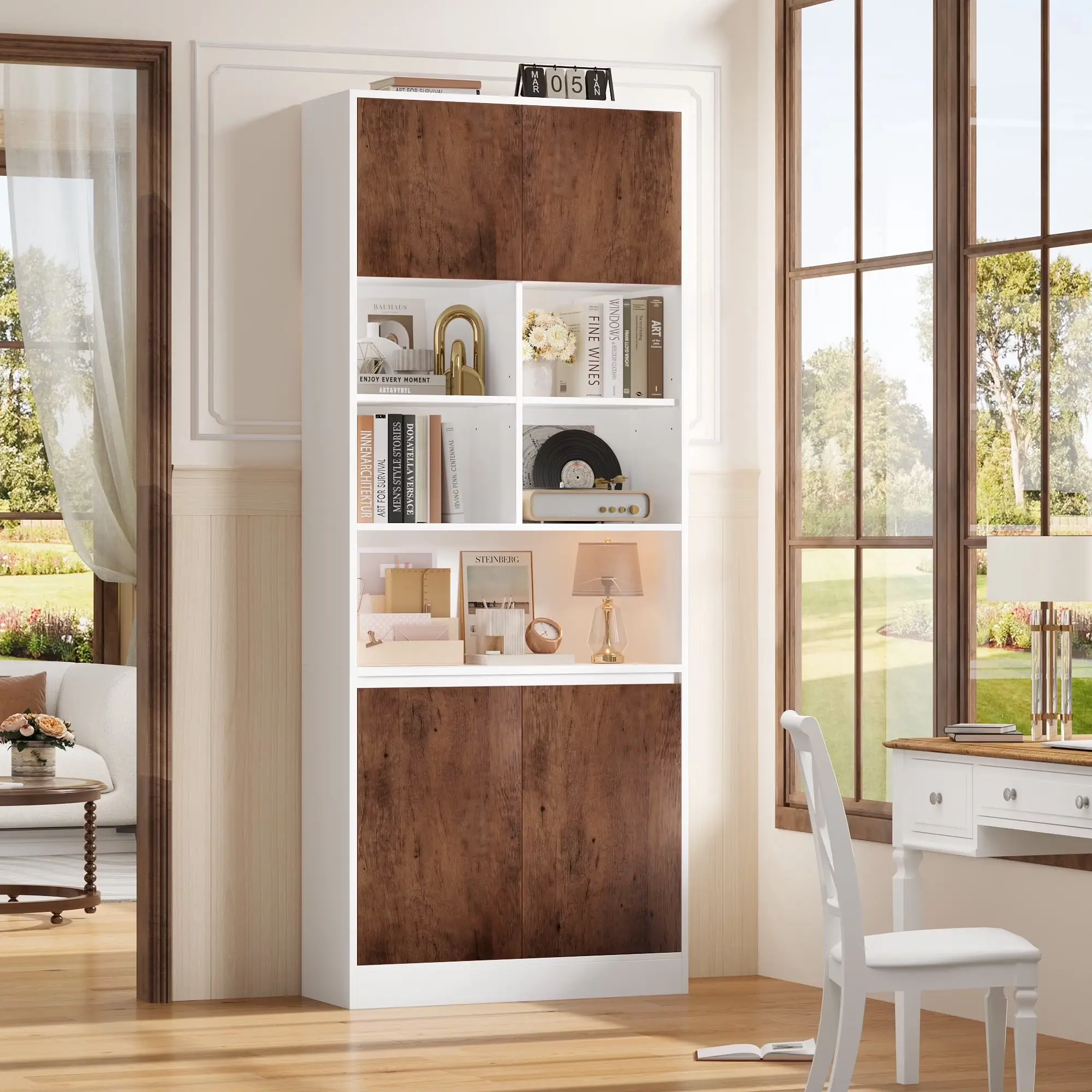 FOTOSOK 75" Tall Bookcase with Doors & Adjustable Shelf, 3-Tier Cube Bookcase with Storage, Wood Farmhouse Display Cube Bookcase for Living Room Office, White