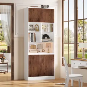 FOTOSOK 75" Tall Bookcase with Doors & Adjustable Shelf, 3-Tier Cube Bookcase with Storage, Wood Farmhouse Display Cube Bookcase for Living Room Office, White