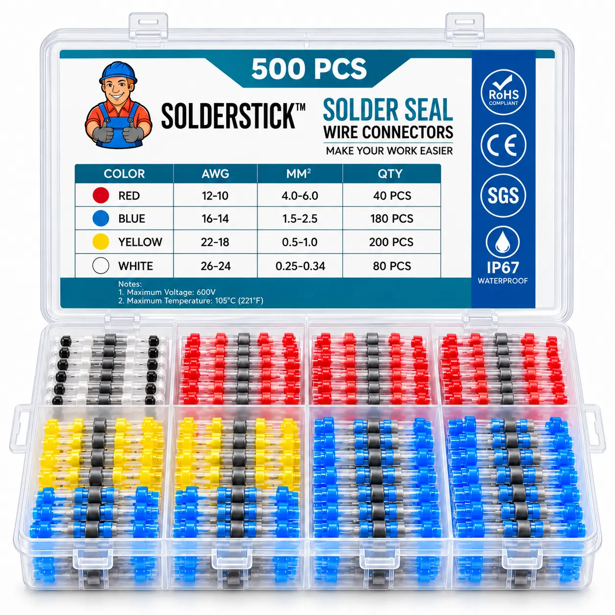 SolderStick Waterproof Solder Seal Wire Connector Kit, Heat Shrink Butt Splice Connectors for Quick Wire Repair, Trailer Lights, Automotive, Marine, RV & DIY Wiring, 26–10 AWG