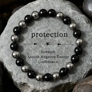 Protection Black Tourmaline & Hematite Bracelet – Grounding Energy Shield | 8mm Unisex Crystal Beads | Daily Wear Gift