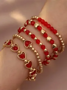 5pcs Boho Style Heart Beaded Bracelet Set for Women, Elegant Layered Design, Soft Pottery Chain, All Season Jewelry Collection, Stackable Bracelets, Heart Charm Bracelet