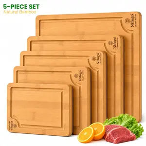 Nifogo Bamboo Cutting Boards Set 3/5 Kitchen Chopping Board with Juice Grooves Meat Veggie Fruit Prep