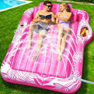 Inflatable Tanning Pool Lounger Float with Sprinkler, Extra Large Pool Float Adults with Pillow, 6 in 1 Suntan Tub Raft Floatie Toys with Drink Holder Sunbathing Water Filled Tanning Bed
