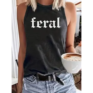 Women'S Casual Crew Neck Tank Top, Summer Sleeveless Vest with "Feral" Print, Knit Fabric, Polyester 60%, Rayon 35%, Spandex 5%, Lightweight 180g/m² - Fashionable Alphabet Pattern Womenswear Crewneck Dark Gray Fitted