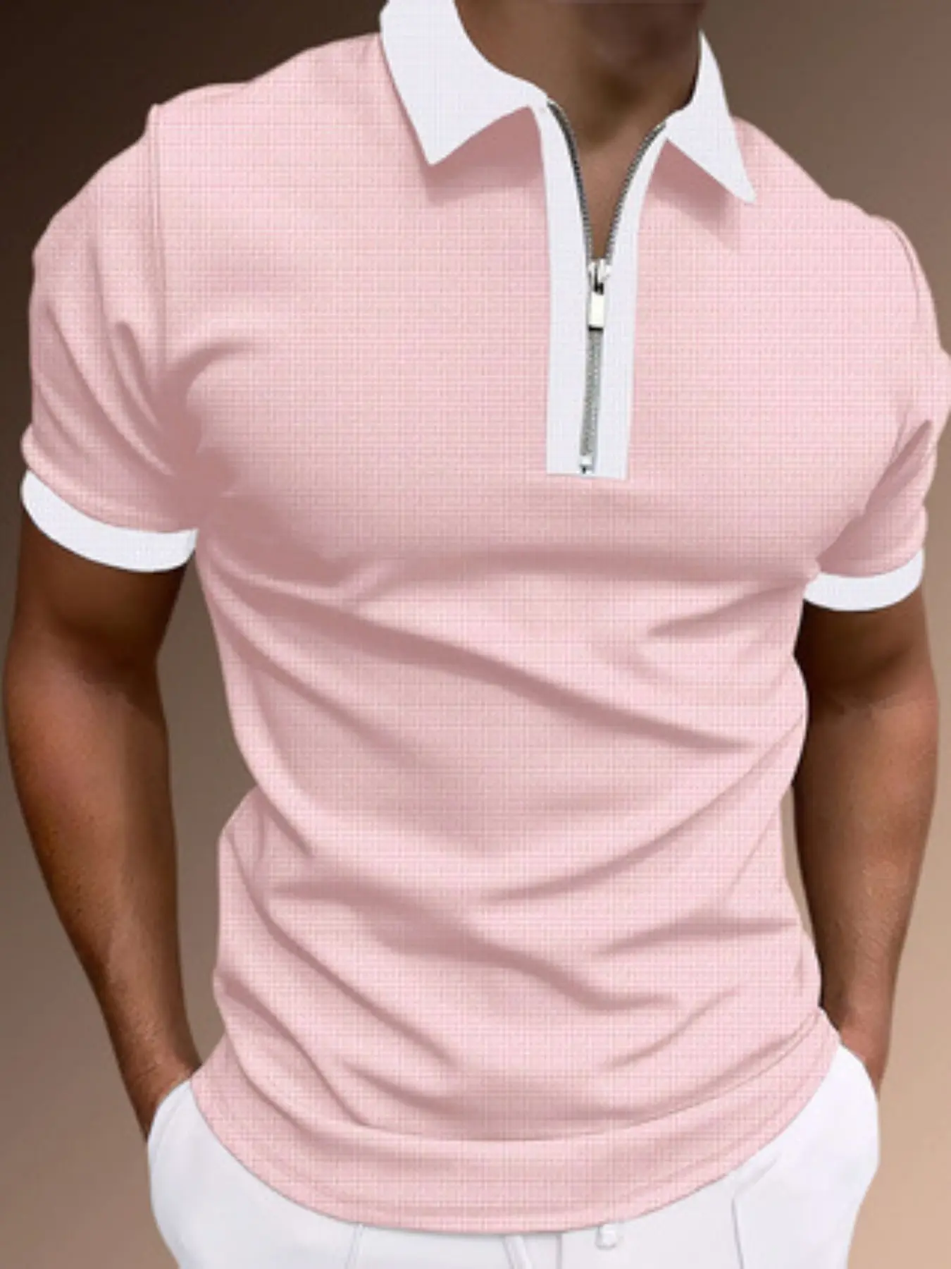 Men's Contrast Trim Quarter-Zip Classic Zippered Golf Polo Shirts, Short Sleeve Casual Top for Everyday Wear, Mens Polo Shirts