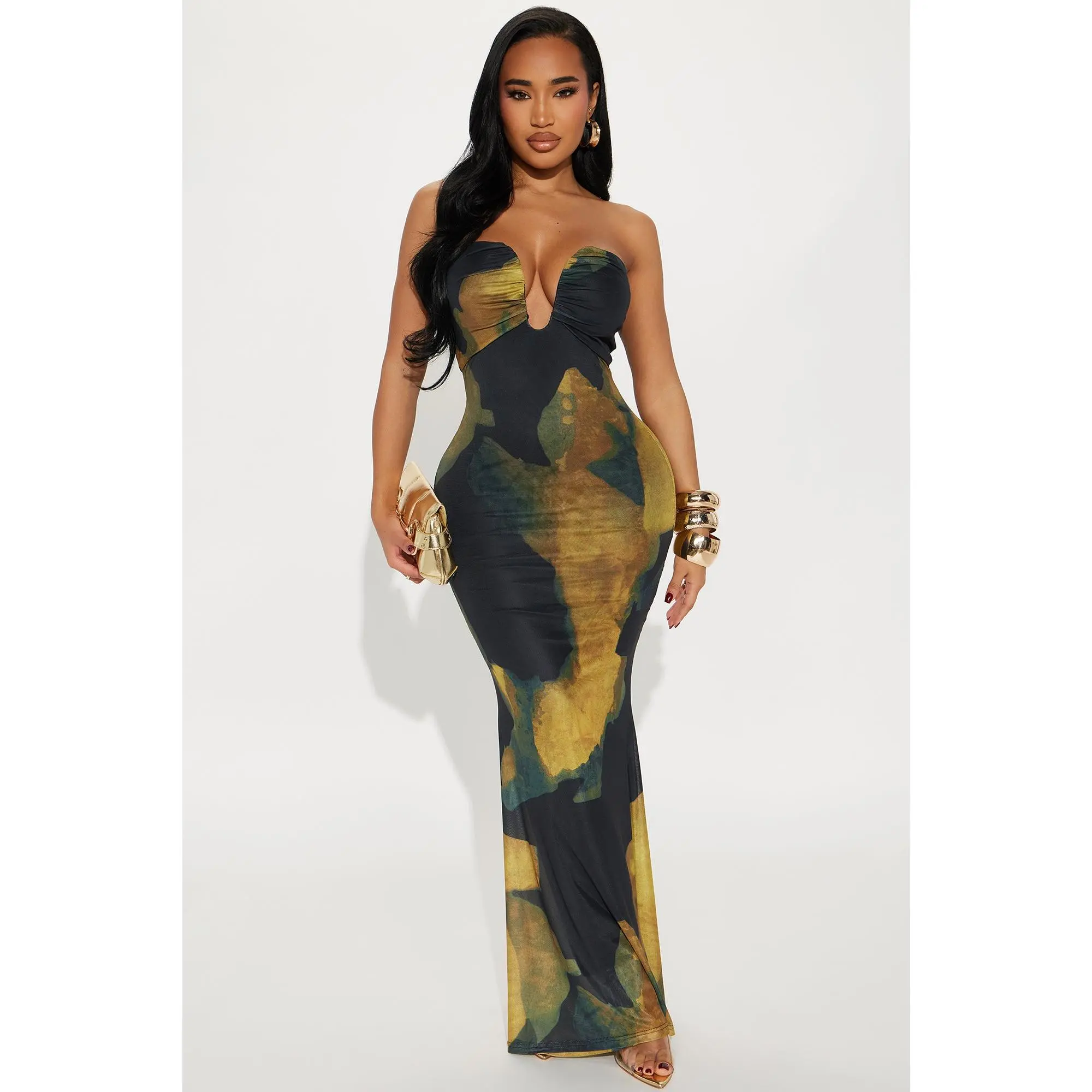 Malika Mesh Maxi Dress - Black/combo