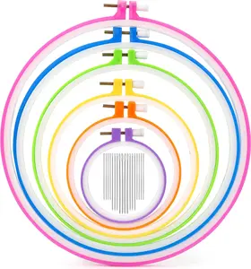 6 Pieces Plastic Embroidery Hoops Set and 16 Pieces Needles Plastic Circle Cross Stitch Hoop Ring 3.4 inch to 10.2 inch for Embroidery and Cross Stitch(Multicolor)