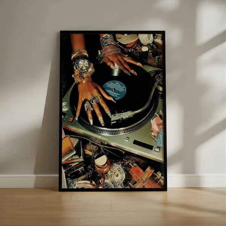 Vintage Vinyl DJ Glam Poster Print, Luxury Jewelry Turntable Wall Art, Retro Music Aesthetic Decor, Stylish Interior Print, Music Lover Gift, DJ Room Decor (Unframed, Print Only)