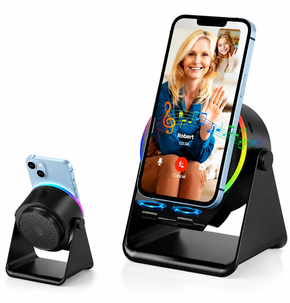 4-in-1 Bluetooth Wireless Induction Audio Speaker Stand - 2000mAh Rechargeable Emergency Power Bank, 360° Adjustable Phone/Tablet Holder, Colorful Ambient Light, Holiday Gift for Men, Black Friday Gadget for TikTokShop sohochic