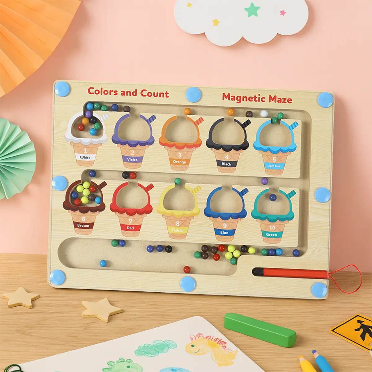 Hardwood Magnetic Color-Number Maze Puzzle, 11.7"x10.3", Montessori Learning Materials, Color Sorting & Counting Magnet Balls Game, Toddler Busy Board for 2-5 Years Old, Festive & Birthday Gift for Preschoolers, Puzzles