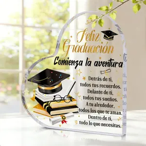 1pc Graduation Gift,Spanish 'Feliz GraduacióN' Heart-Shaped Acrylic Desk Decor Sign, Decorative Plaque, Bachelor'S Hat Book Pattern,Graduation Gift,Suitable for Graduation Party Decor,Home Decor