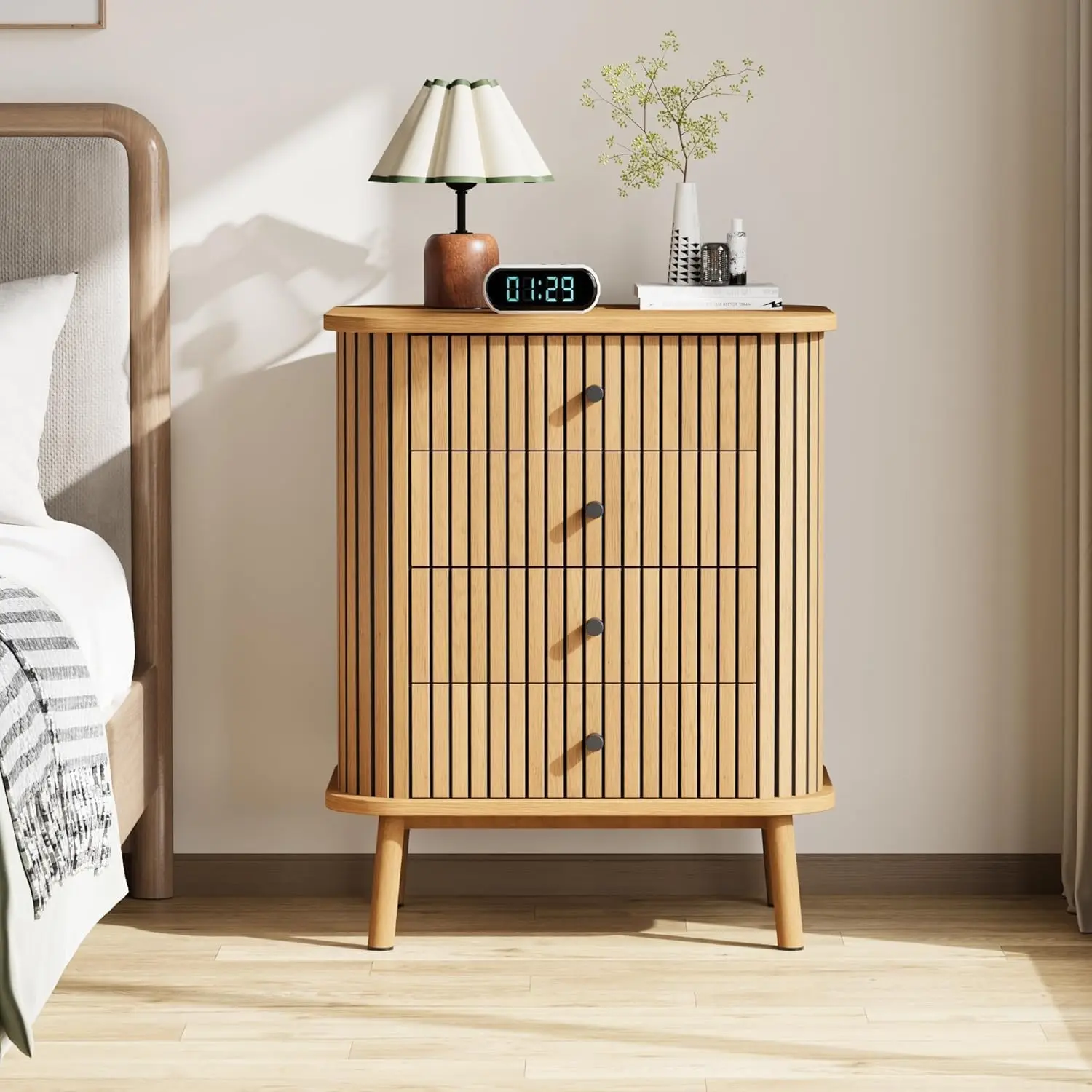 Garvee Off-white Qeetex Painted Wood 4 Drawer Dresser with Removable Divider Imitation Bamboo Surface and Matte Black Handles Natural