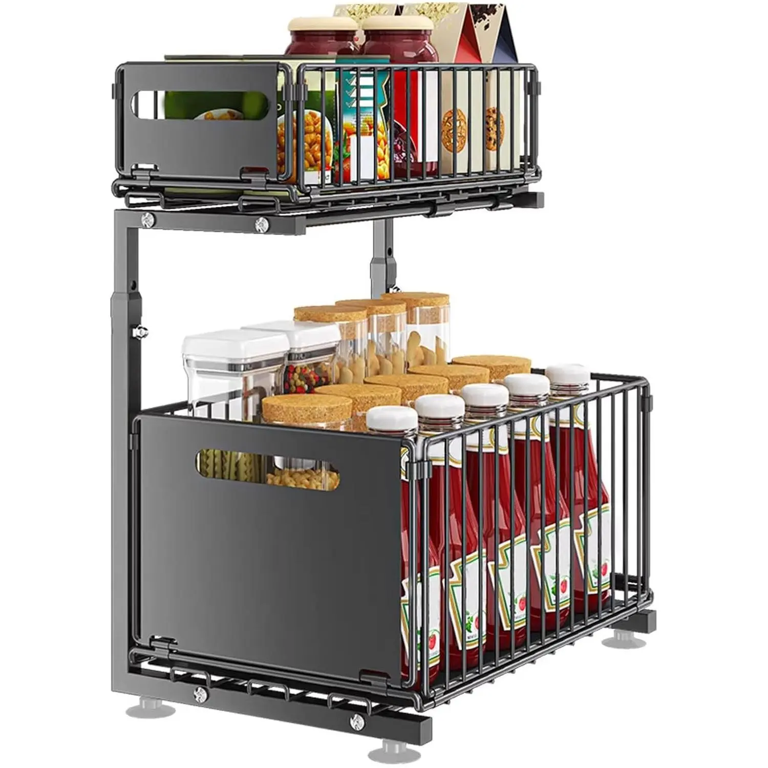 Garvee Pull-Out Storage Shelf – Carbon Steel Drawer Basket for Kitchen Cabinet/Under Sink, 39x26x8.5 cm, Black, No Drilling Required, Multi-Purpose for Snacks & Kitchen Utensils,Black