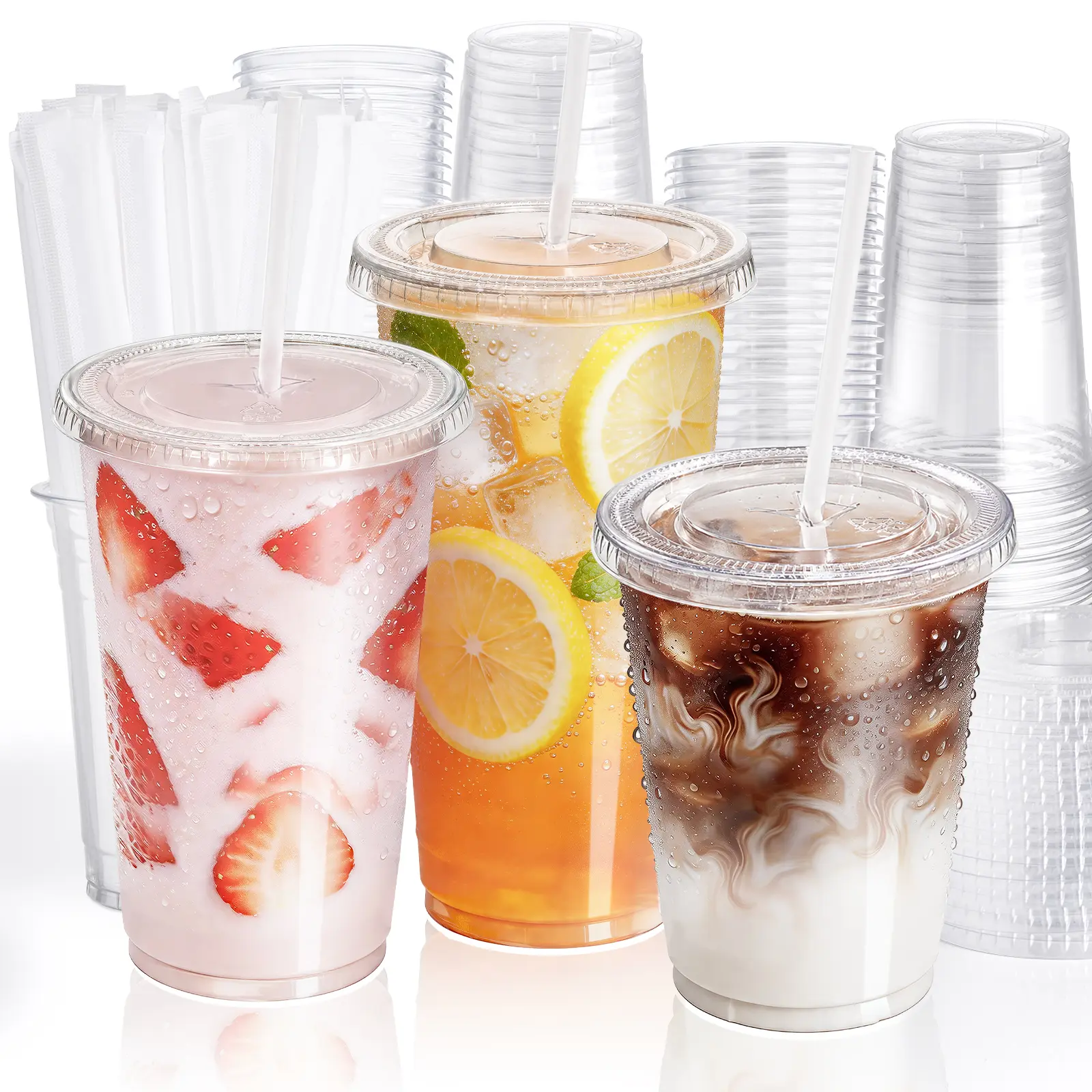 Fit Meal Prep Disposable Clear Iced Coffee Plastic Cups with Lids & Straws, 16/20/24 oz Leak-Proof BPA-Free Cups for Smoothies & Cold Drinks, 50/100 Pack (Home & Party Disposable Tableware)