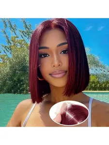 13x4 Lace Front Brazilian Remy Human Hair Wig, 99J Burgundy Short Straight Bob Wig, 180% Density Pre-Plucked Hairline with Baby Hair, Natural Fashion Wigs for Ladies