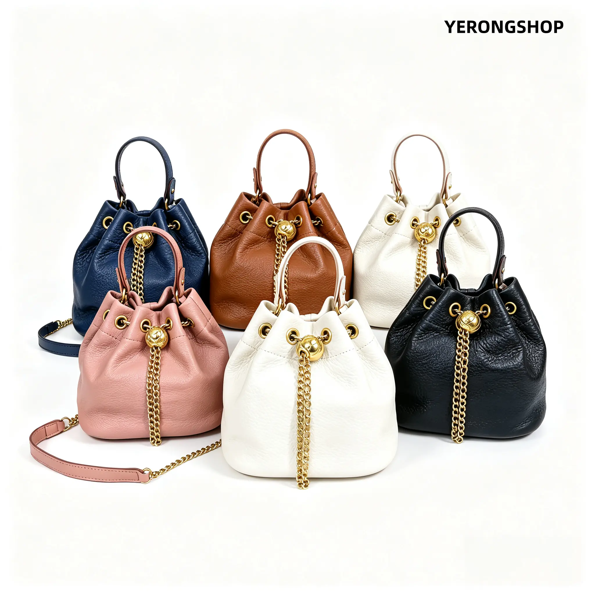 Women Mini Drawstring Bucket Crossbody Bag, Gold‑Tone Hardware Purse with Detachable Studded Chain Strap, Compact Multifunctional Shoulder Handbag, Fits Lipstick & Small Wallet for Daily Outing