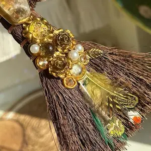 Handmade Real Crystals Broom with Gold Accents and Peacock Feathers for Sweeping Away Bad Vibes