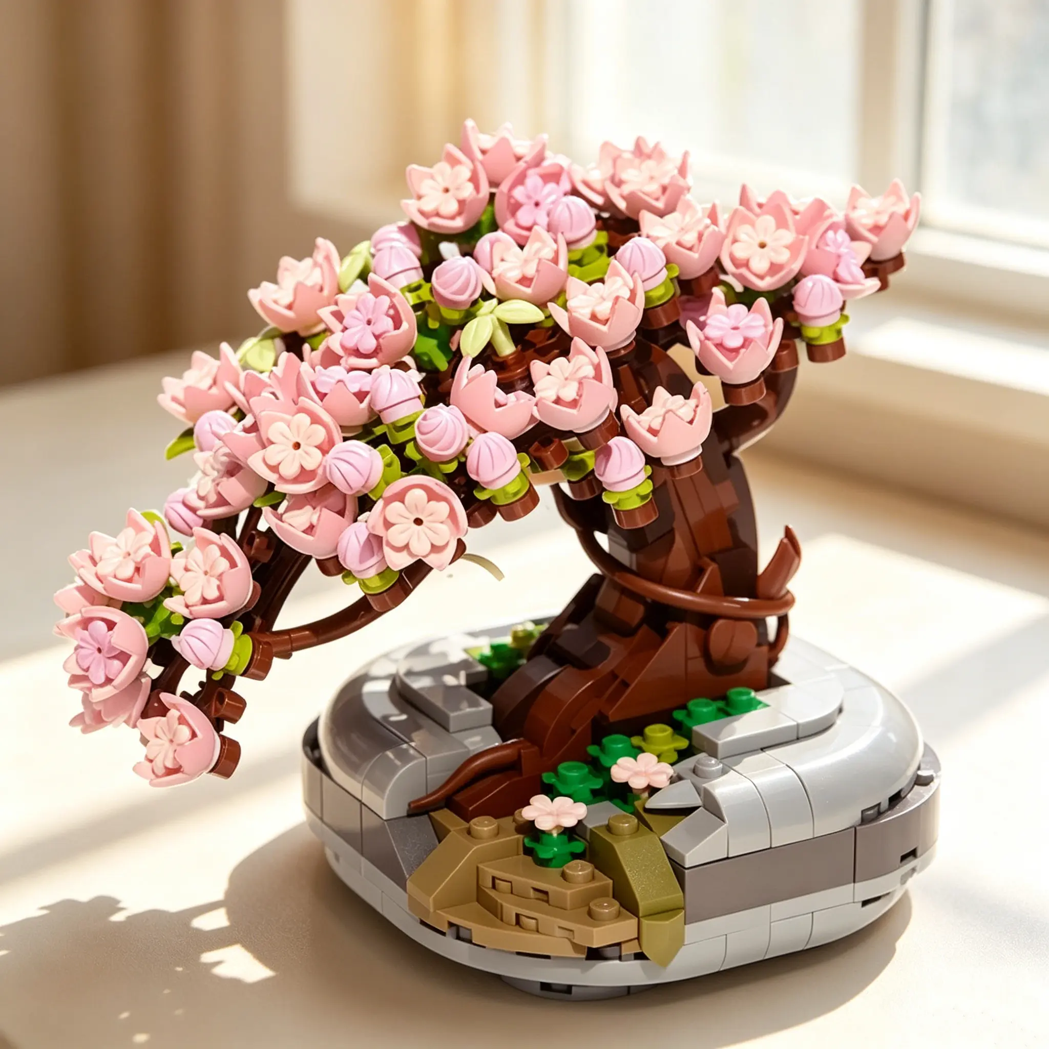 Mini Cherry Blossom Bonsai Plastic Block Floral Building Kit, DIY Unisex Desktop Ornament, Valentine Gift for Ages 6+