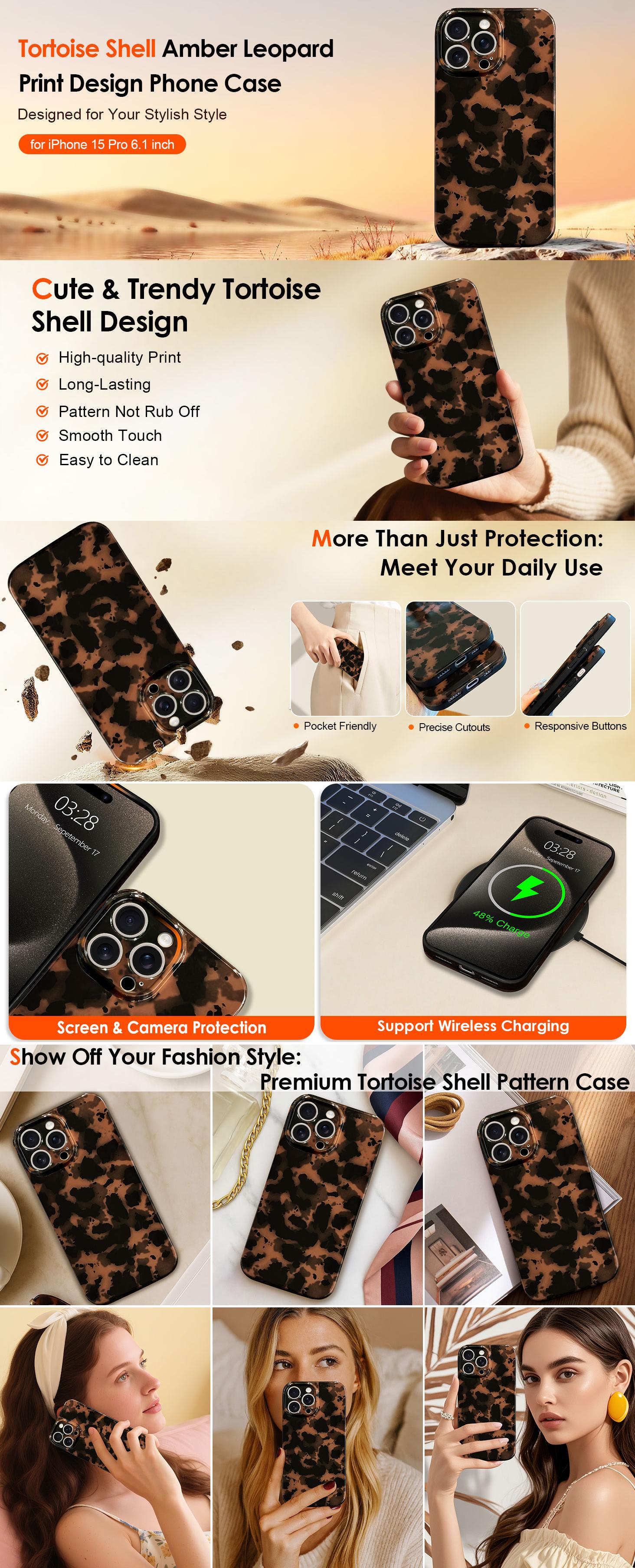 Cute Phone Case for iPhone 15 Pro Case, [with 1X Privacy Screen Protector] Tortoise Shell Pattern Leopard Full Camera Protective Slim Shockproof Cool Trendy Aesthetic