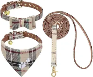 Dogs Collar and Leash Set - Dogs prints Plaid Dog Collar and Dog LeashBow Tie and Bandana Dog Collar with Bell, Collar and Leash for Dogs Cats Outdoor Walking