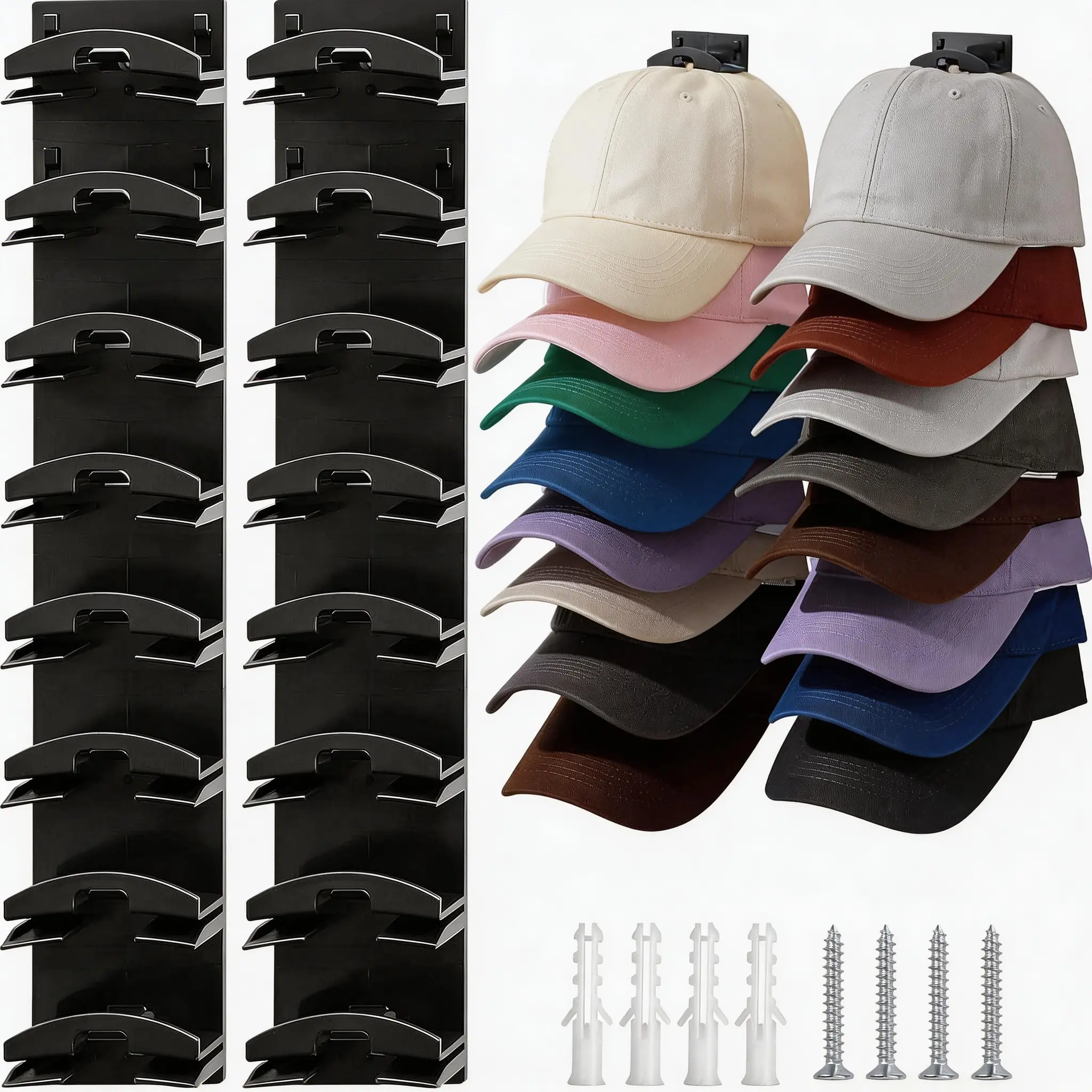 Hat Storage Solution: 2 Pack Wall Hat Rack, Holds 16 Caps, No Damage Adhesive Hooks for Closet Door Bedroom