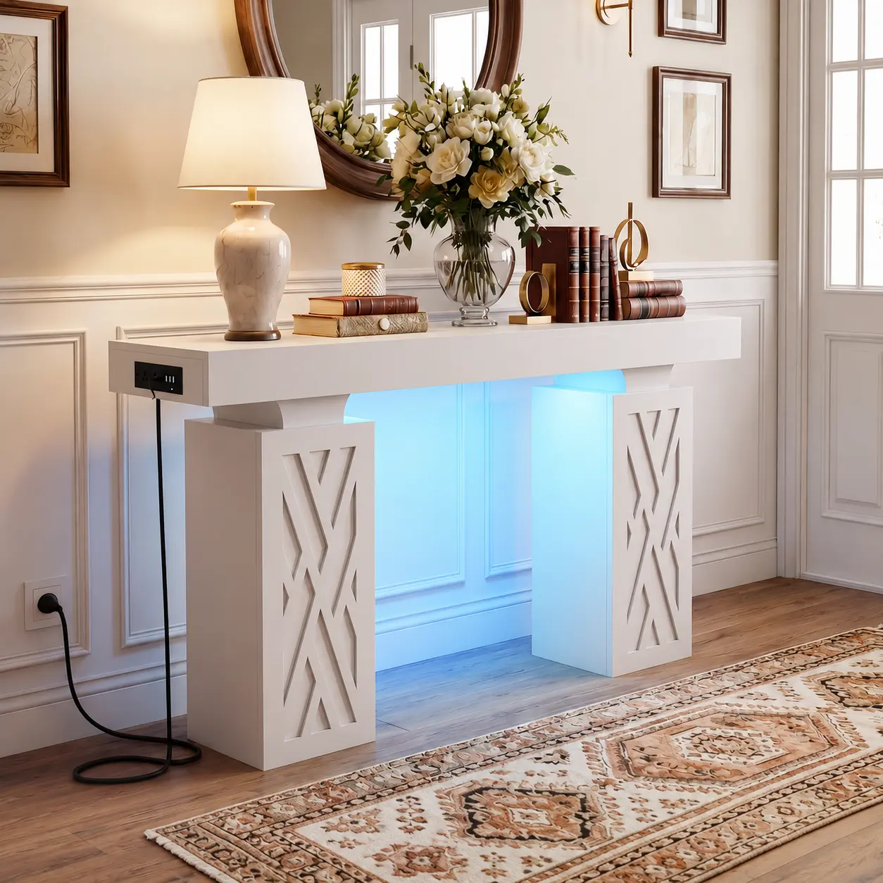 iSunirm Modern Multifunctional Entryway Console Table - 47.2"l x 12"w x 33.5"h, Extra Thick with Hidden Storage Leg & Shelf, Reversible Power Strip, RGB Lights, 300+ lbs Load, Power Up & Personalize, Required Tools for Hallway,Foyer