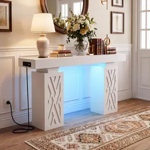 iSunirm 47.2" Entryway Table with Hidden Storage Legs, Extra Thick Console Table with Reversible Outlets & RGB Lights for Hallway, Sofa, Foyer