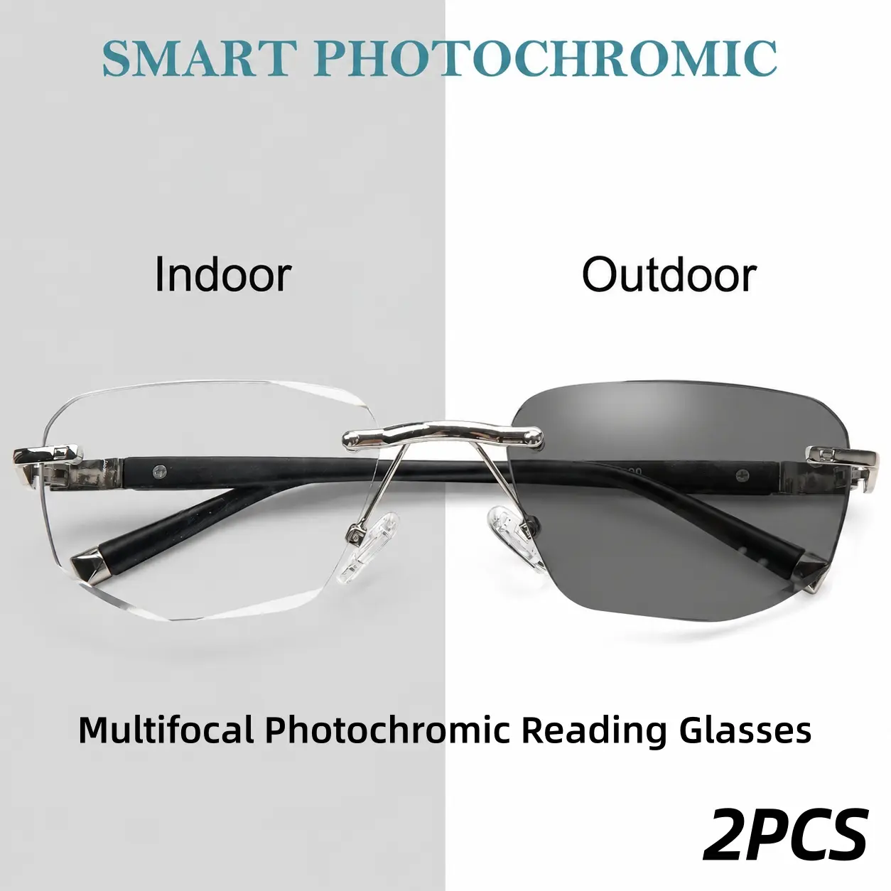 2 Pack Progressive Multifocal Photochromic Reading Glasses for Men and Women, Rimless UV Reactive Readers, Indoor Outdoor Auto Tint Eyewear