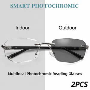 2 Pack Progressive Multifocal Photochromic Reading Glasses for Men and Women, Rimless UV Reactive Readers, Indoor Outdoor Auto Tint Eyewear