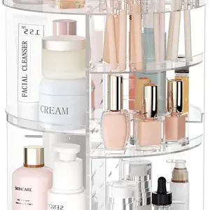 Rotating Makeup Organizer DIY 8 Adjustable Layers Spinning Skincare Organizer Cosmetic Display Case with Brush Holder Perfume Tray Multi-Function Storage Carousel