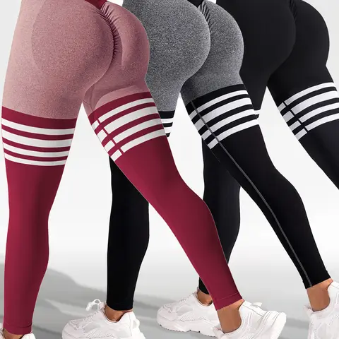 WAKYME Women's V-Back Ribbed Leggings - Stripe Print, Scrunch Butt Design, Athletic Fabric, Chic Casual Womenswear Bottoms