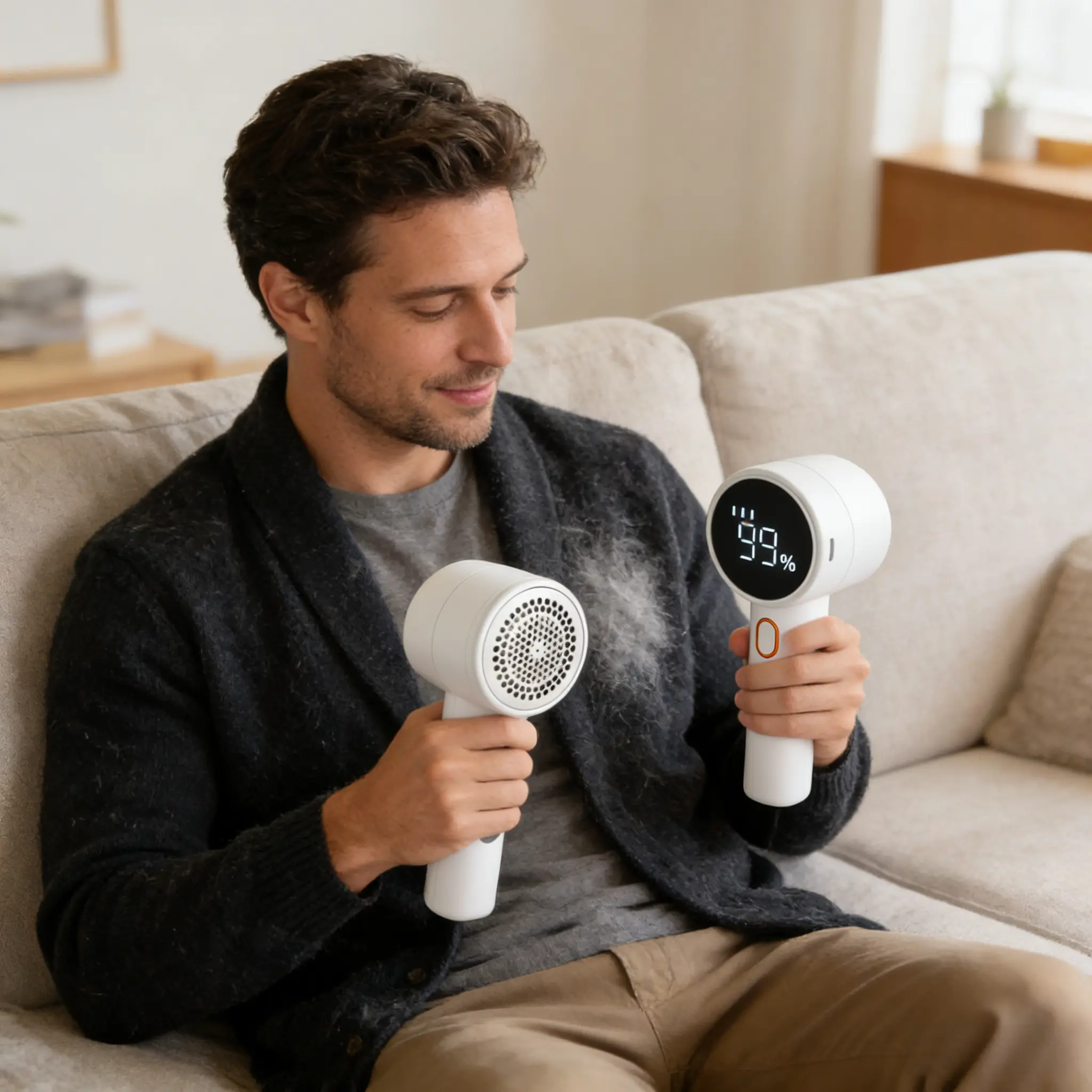 ISUNMEA Fabric Shaver, Lint Remover Rechargeable, Electric Portable Sweater Defuzzer with 3 Speeds, 6 Leaf Blades, Digital LED Display to Remove Pilling for Clothes, Furniture, Sweater, Couch, Blanket