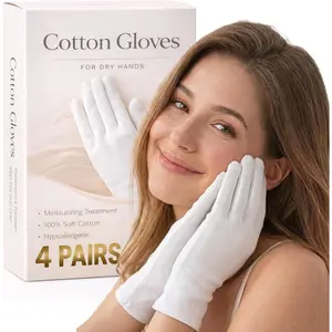 4 Pairs White 100% Cotton Gloves for Women Moisturizing Overnight Sleeping Gloves for Dry Hands Eczema, Spa Care Hand Mask