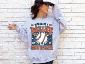 Wanna Be a Baller Sport Grey Baseball Sweatshirt, Vintage Athletic Graphic Crewneck, Unisex Game Day Pullover