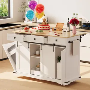 54" Rolling Kitchen Island with Drop Leaf & Power Outlet, Mobile Kitchen Cart with Trash Cabinet, 2 Sliding Barn Doors and 3 Storage Drawers
