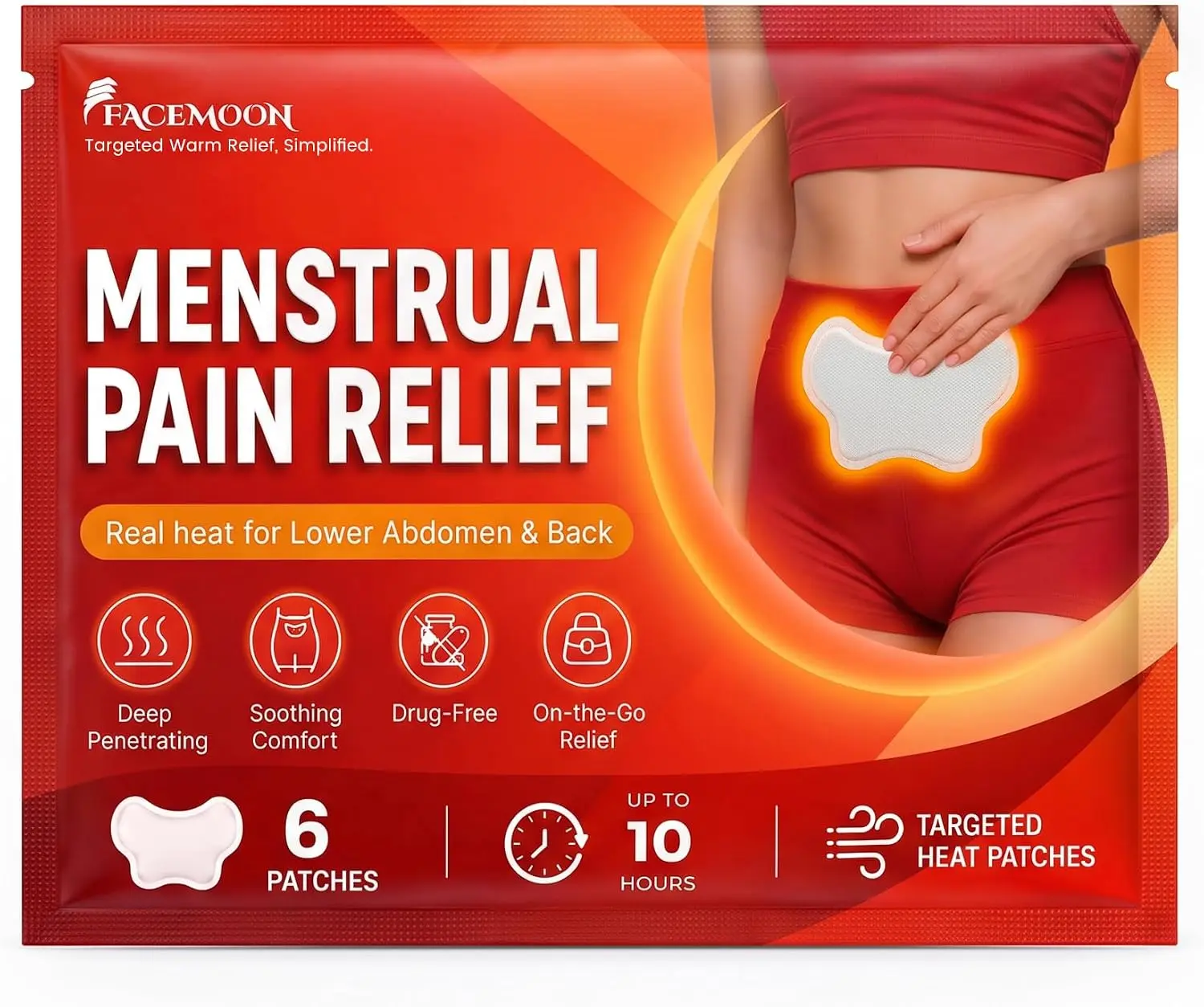 Menstrual Heating Patches - Drug-Free Heat Compress for Period Cramps & Lower Abdomen Back Pain Relief, 6 Count Stick-On Pads, Portable Discreet Disposable Wraps, Up to 10 Hours Long-Lasting Warmth