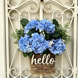 Blue Hydrangea Door Basket, 16-Inch 'hello' Sign Spring Summer Wreath Alternative, Farmhouse Style Front Door Decorative Item