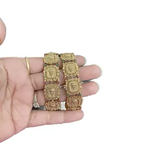 Women's 2-Piece Traditional South Indian Temple Bangles Set, Costume Jewelry with Intricate Designs and Colorful Accents