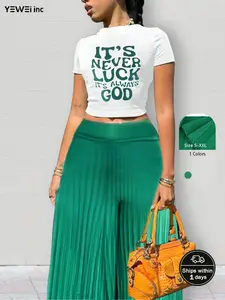 Casual sexy short sleeve short top style pleated wide leg 2 layer pants suit