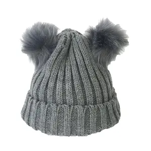 Fashion Culture Women's Knit Double Pom Pom Beanie Hat, Grey