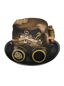 Steampunk Top Hat with Detachable Goggles - Golden & Black, Gothic Style with Skull, Keys, & Gears Accents, Adjustable for Men & Women, Ideal for Halloween, Masquerade, & Themed Parties, Halloween Costumes