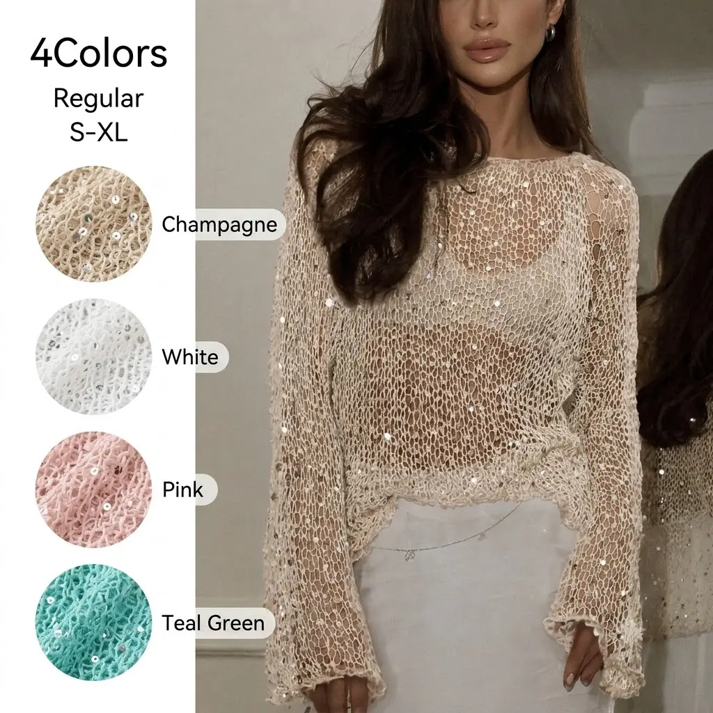 Sexy Sequined Knit Top, Slim-Fit Long Sleeve Top for Women, Unique Boho Style, Elegant Evening Wear