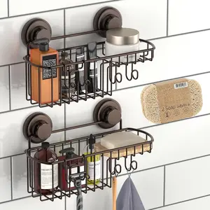2 Pack Shower  Suction Cup with Hooks & Soap holder, Includes 2 Soap Savers, Shower Shelf, Bathroom Storage Organizer, Rustproof Shampoo Holder, Bronze