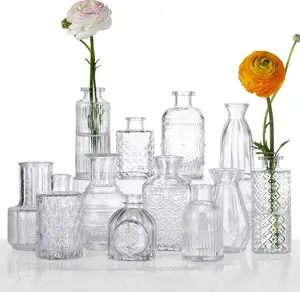 12 count Small Glass Bud Vase Set ofMini  Vases in Bulk, Clear Bud Vases for Centerpieces Rustic Wedding DecorationsHome Table Flower Decor.