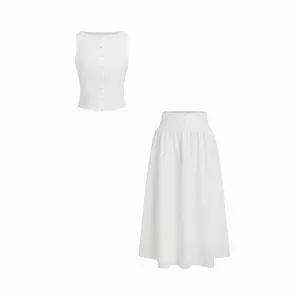 Cider Linen-blend Button Detail Top & Mid Rise Shirred Flared Maxi Skirt Set
