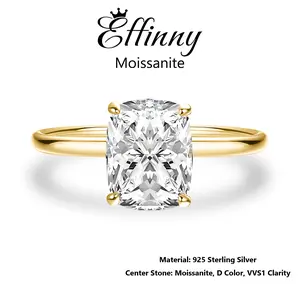 Effinny 2.5 Carat Elongated 14K Yellow Gold Plated Solitaire Excellent Cushion Cut Synthetic Moissanite Engagement Ring, D Color VVS1 Promise 925 Sterling Silver Jewelry for Women, Wedding