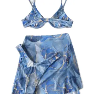 Swim 3pack Marble Print Underwire Bikini Swimsuit & Beach Skirt