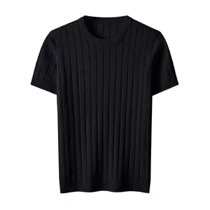 Men's Solid Striped Knitted Pullover, Casual Short Sleeve Crew Neck Sweater For Fall Winter